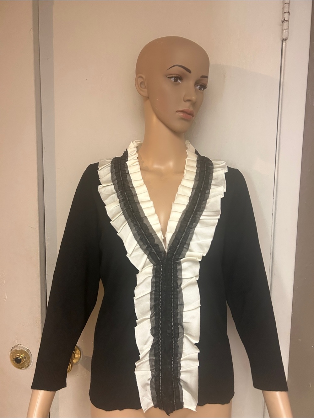 White House Black Market Black Blouse with White Ruffle Detail